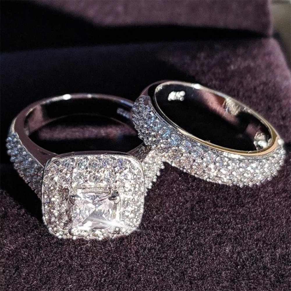 *NEW 925 Sterling Silver Princess Halo Ring Set